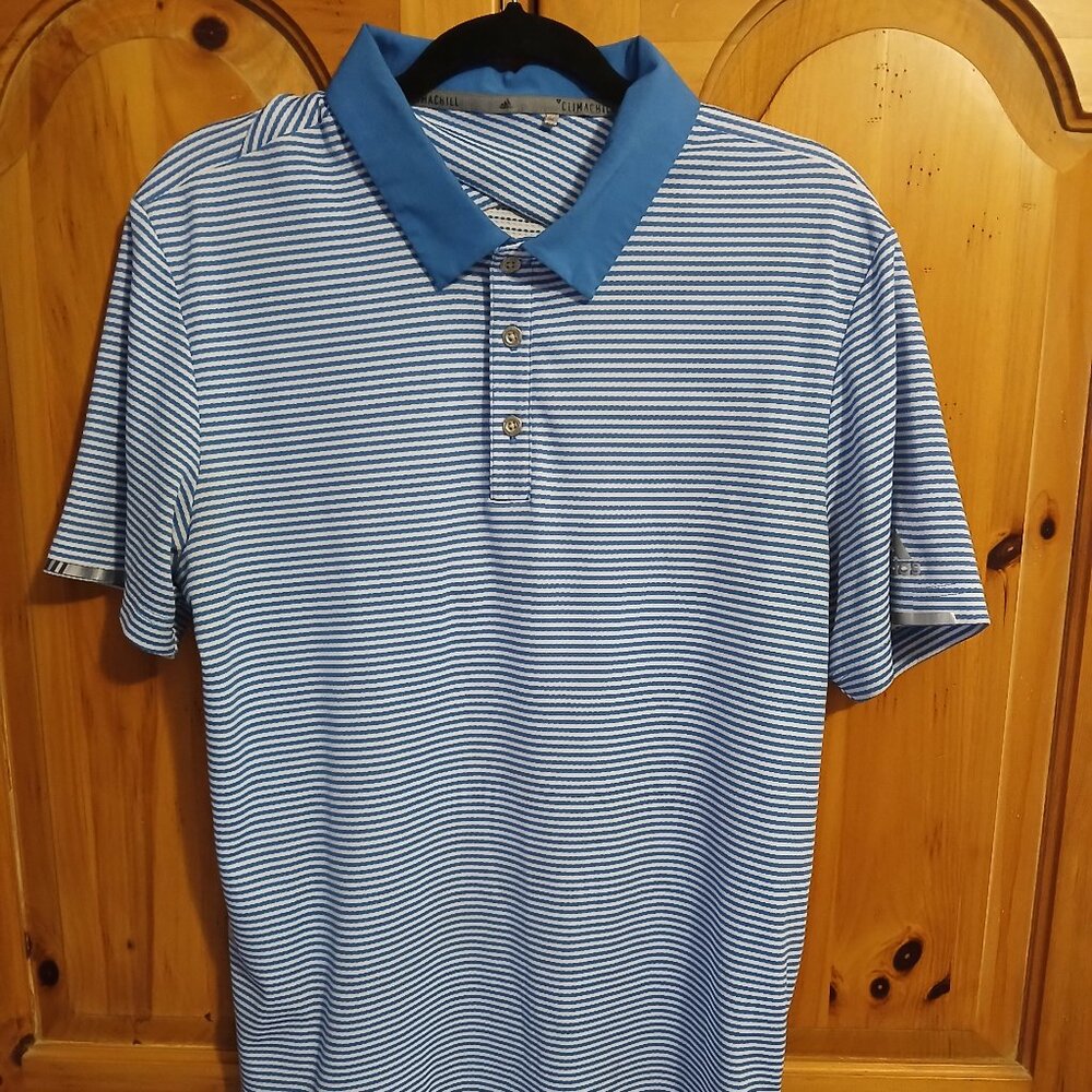 ADIDAS CLIMACHILL POLY GOLF SHIRT-Medium-Blue/White Stripe-WRINKLE FREE-EUC